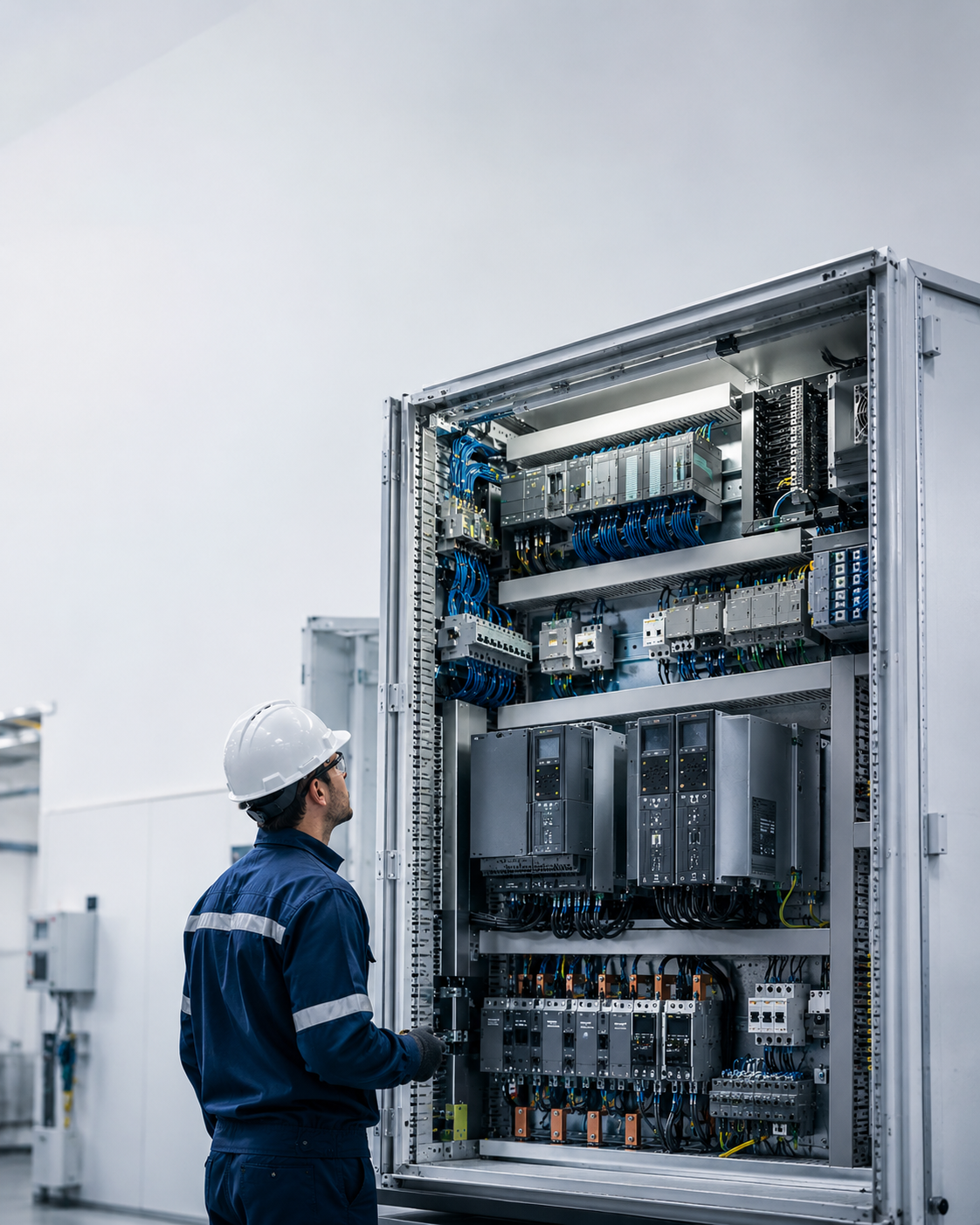 Engenheiro inspecionando um painel elétrico industrial aberto, com PLC, drives e disjuntores