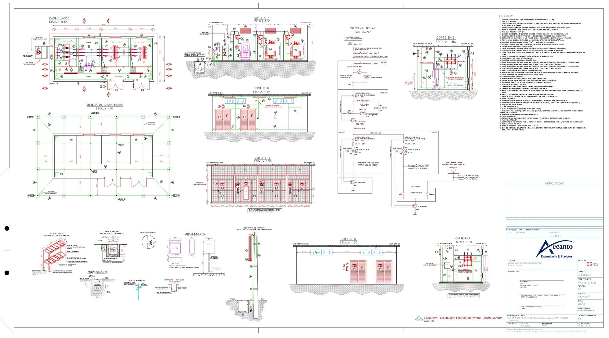 Prancha de projeto elétrico com diagramas e detalhamentos técnicos.